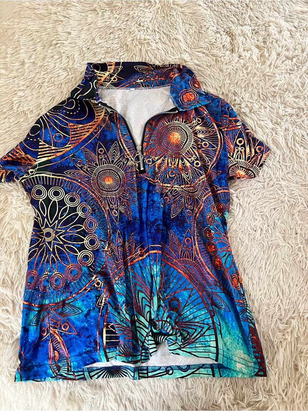Women's Blue mandala-print zip polo top